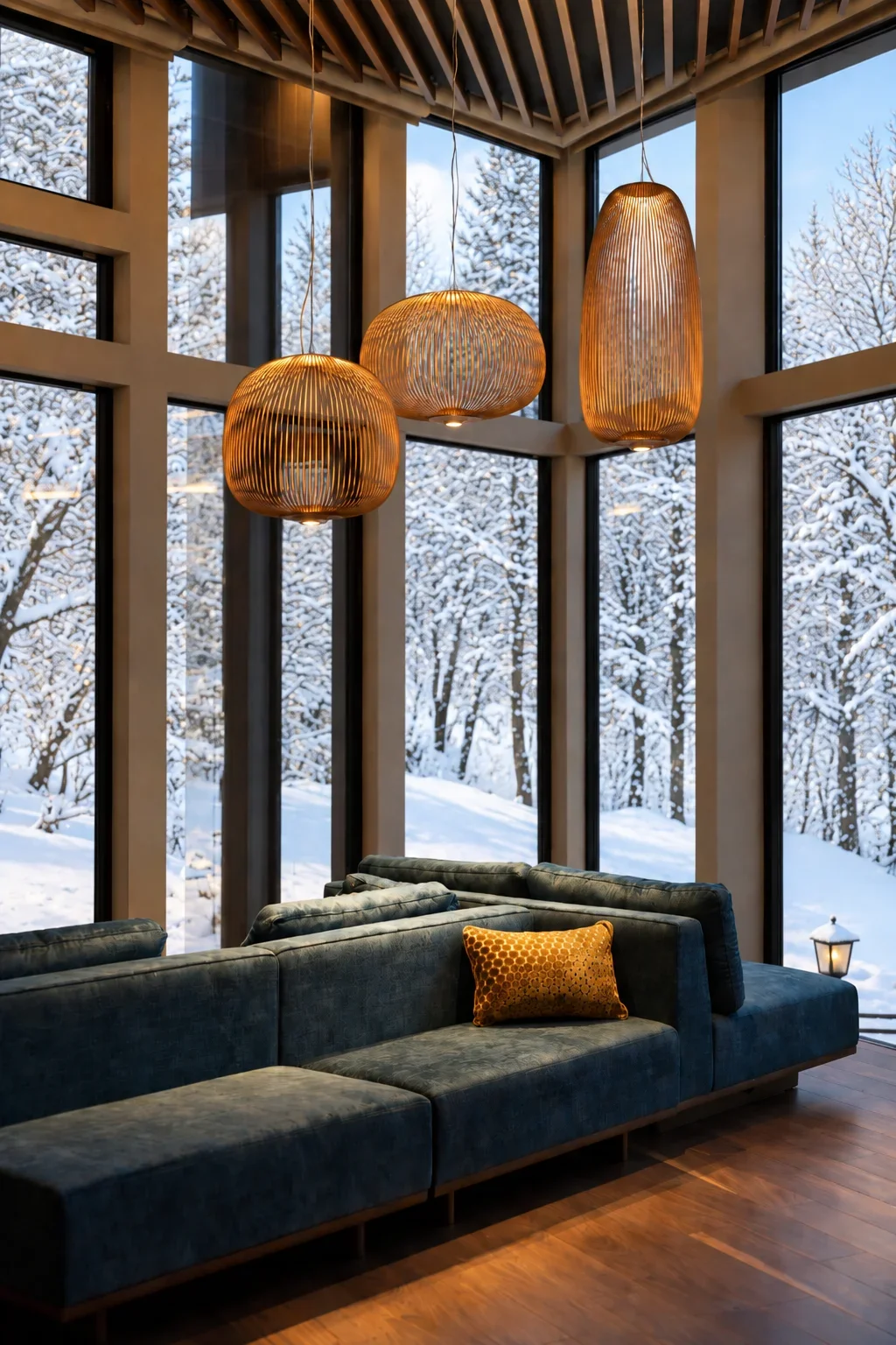A living room with three pendant lights, a sofa and a snowy forest through tall windows